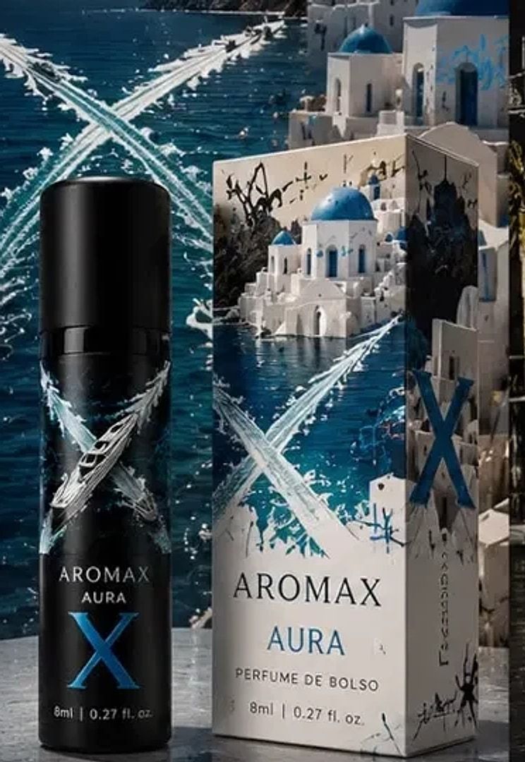 AROMAX AURA: frasco de 8 ml e a caixa, sobre o mar de Santorini